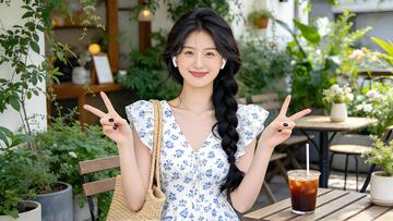 清新风碎花裙女孩比耶摄影素材