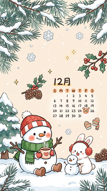 可爱手绘风冬日雪人兔子十二月日历背景素材