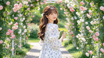 清新唯美风花丛女孩设计素材