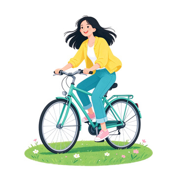 清新扁平风女孩骑行插画设计素材