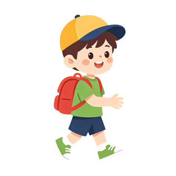 可爱卡通风背红书包小男孩走路插画素材