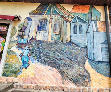 油画风教堂小路人物手绘壁画素材
