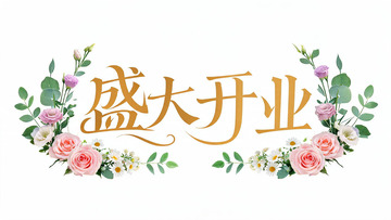 水彩风唯美花卉盛大开业金色艺术字素材