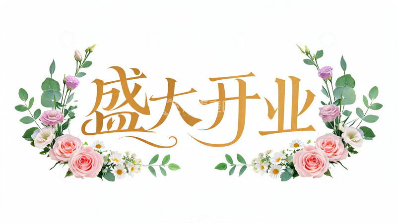 高清大图下载【趣麦麦图】-水彩风唯美花卉盛大开业金色艺术字素材