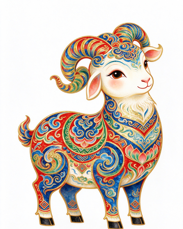 国潮风传统纹样生肖羊手绘插画素材