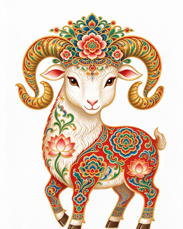 国潮风生肖羊花卉纹样插画设计素材