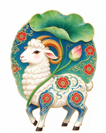 国潮风生肖羊荷花插画设计素材