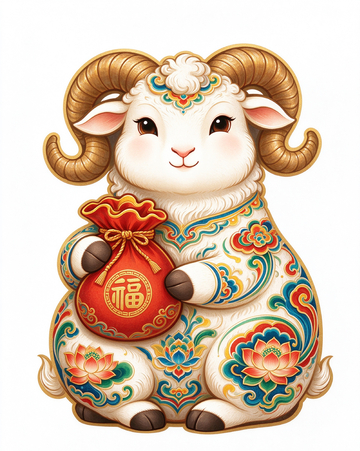 国潮风春节生肖羊抱福袋设计素材