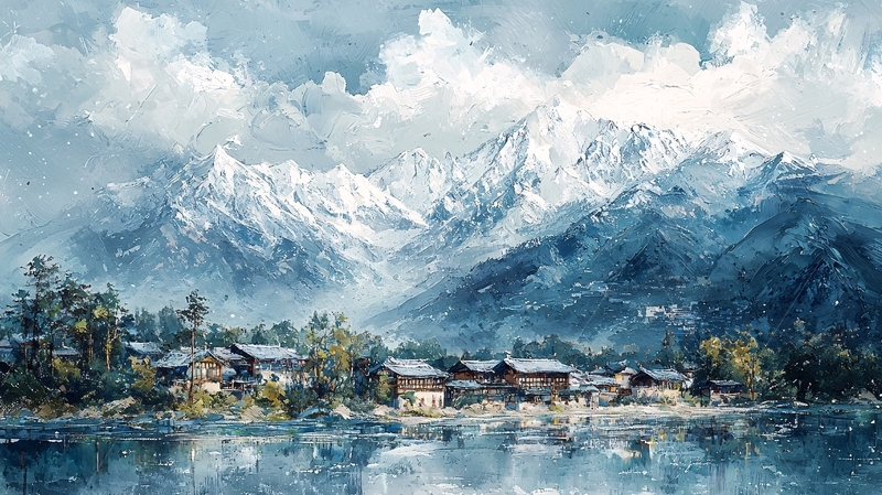 高清大图下载【趣麦麦图】雪山下的村庄湖泊