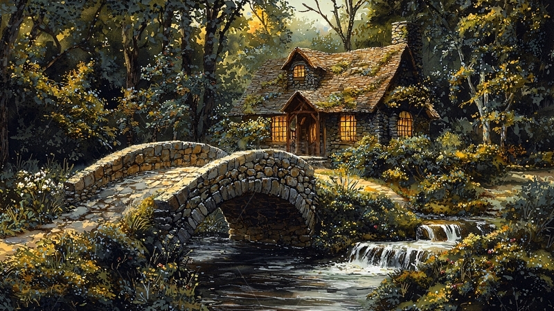 高清大图下载【趣麦麦图】林间小屋石桥溪流