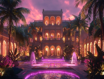 梦幻粉色庄园夜景