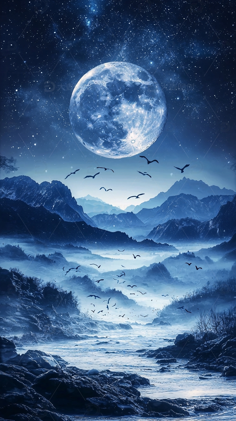 高清大图下载【趣麦麦图】蓝月星空山脉群鸟