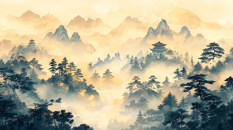 高清大图下载【趣麦麦图】水墨山水远景带建筑