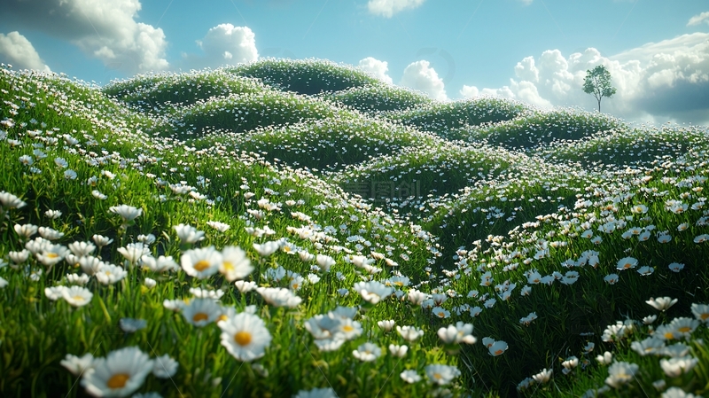 高清大图下载【趣麦麦图】白花绿草丘陵景色