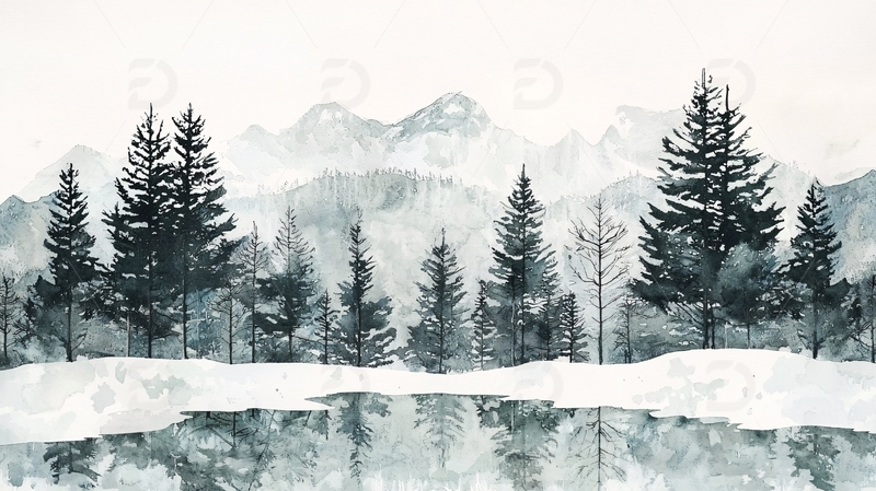 高清大图下载【趣麦麦图】水墨画雪山松树