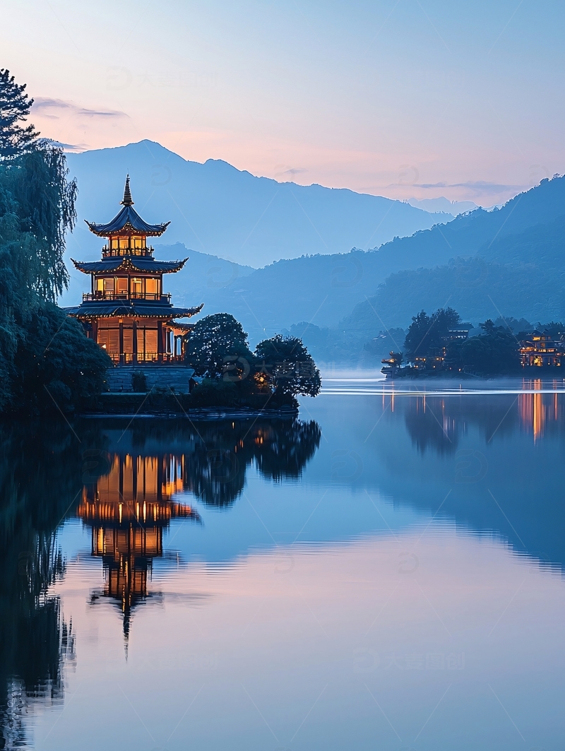 高清大图下载【趣麦麦图】清晨湖光山色古塔