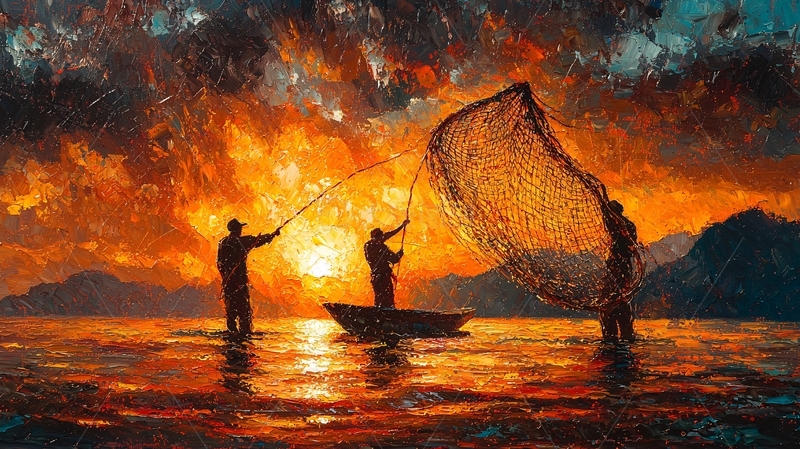 高清大图下载【趣麦麦图】日落渔民拉网