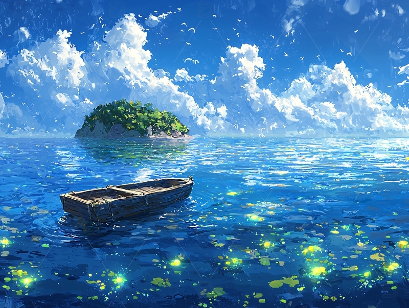 高清大图下载【趣麦麦图】小船孤岛碧海蓝天