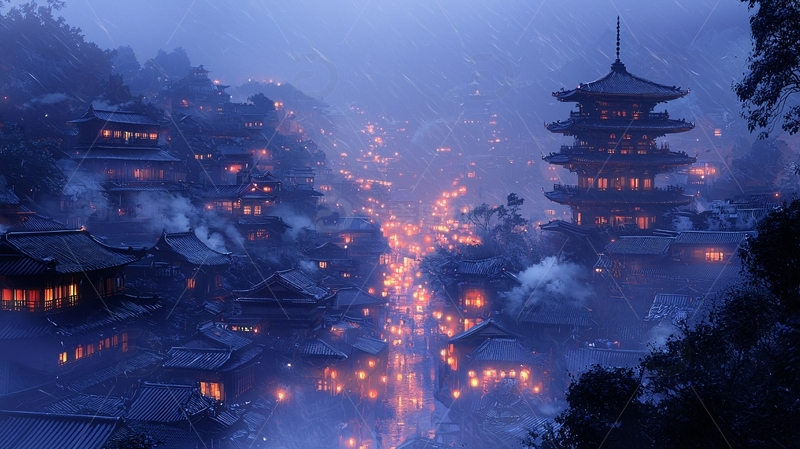 高清大图下载【趣麦麦图】雾气笼罩的日式小镇夜景