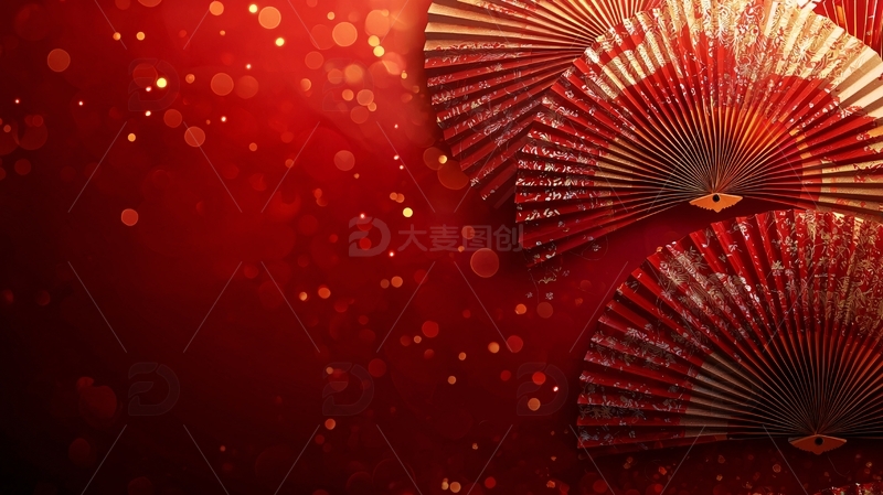 高清大图下载【趣麦麦图】红色背景上的金色折扇