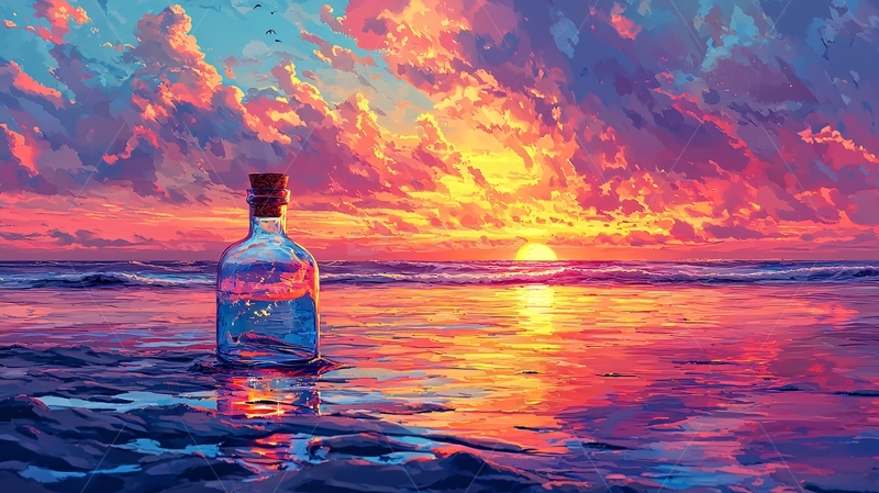 高清大图下载【趣麦麦图】海滩上的玻璃瓶日落