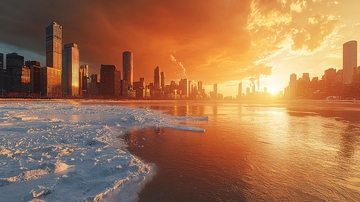 火烧云下的冰冻城市