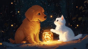 小狗小猫对着发光罐子