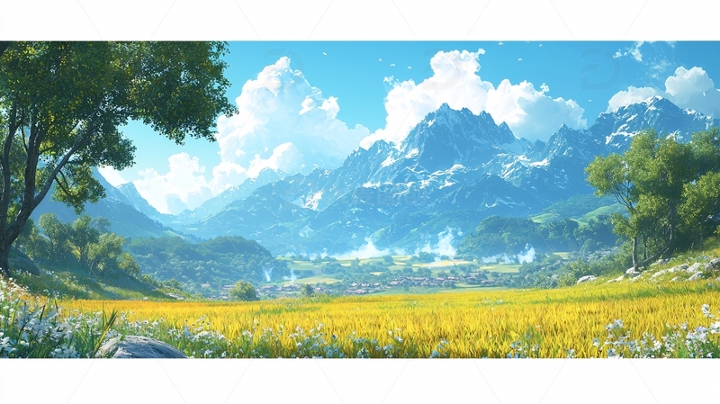 高清大图下载【趣麦麦图】阳光明媚的山谷田园风光