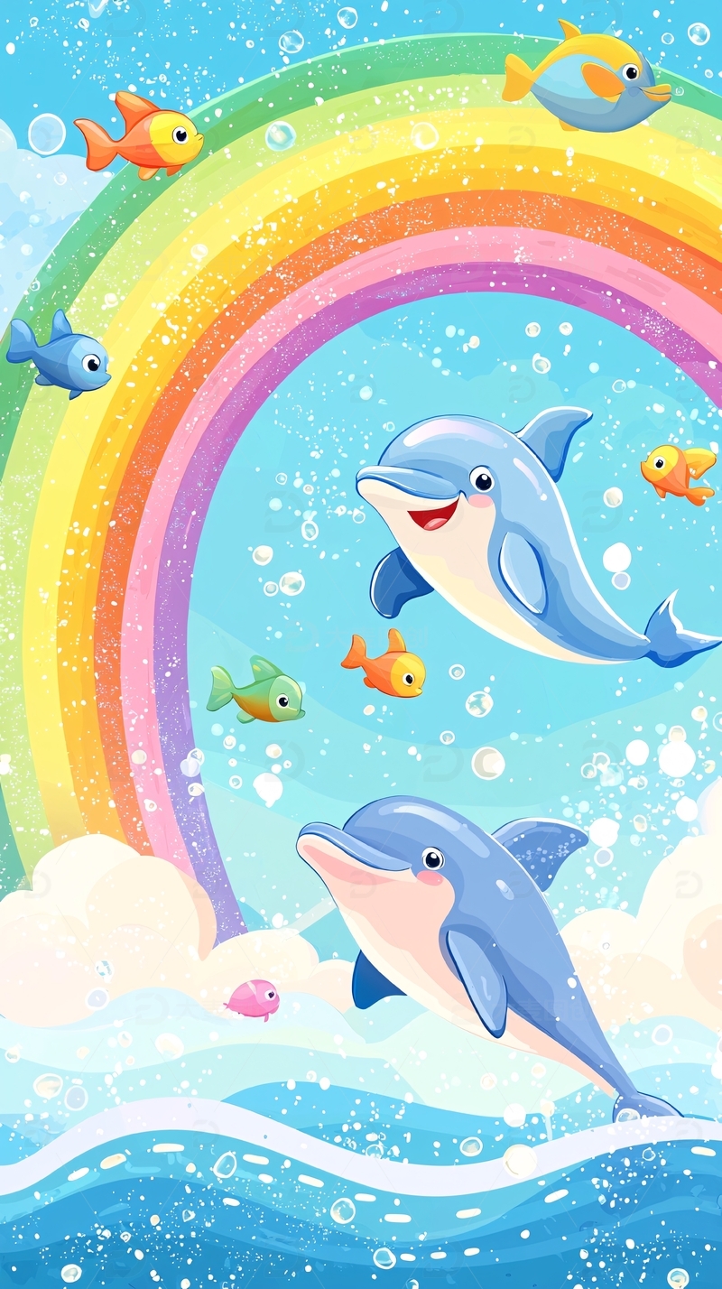 高清大图下载【趣麦麦图】彩虹下跳跃的海豚