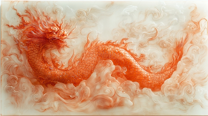 高清大图下载【趣麦麦图】红色盘旋于云雾中的龙