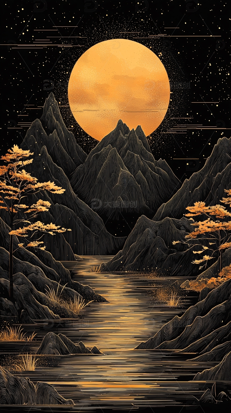 高清大图下载【趣麦麦图】黑金色山水月夜图