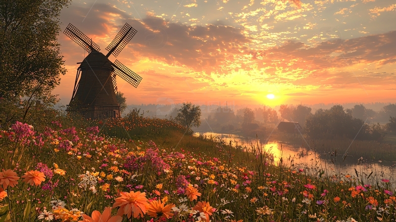 高清大图下载【趣麦麦图】日出风车花海田园