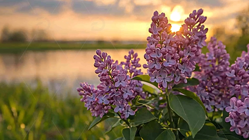 高清大图下载【趣麦麦图】夕阳西下湖边丁香花