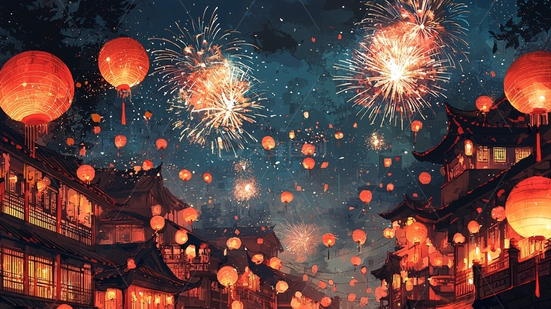 高清大图下载【趣麦麦图】夜晚古镇烟花灯笼