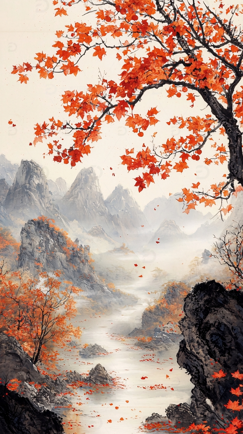 高清大图下载【趣麦麦图】秋枫山峦水墨画