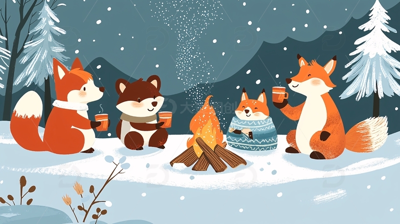 高清大图下载【趣麦麦图】冬天狐狸围炉夜话