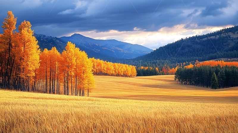 高清大图下载【趣麦麦图】秋日田园金色树林