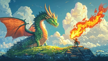 绿龙与人类的奇幻场景