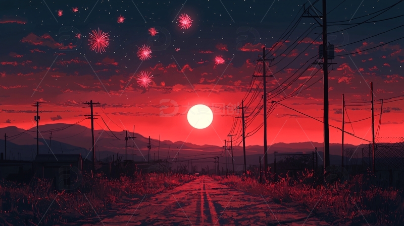 高清大图下载【趣麦麦图】红色天空下的公路