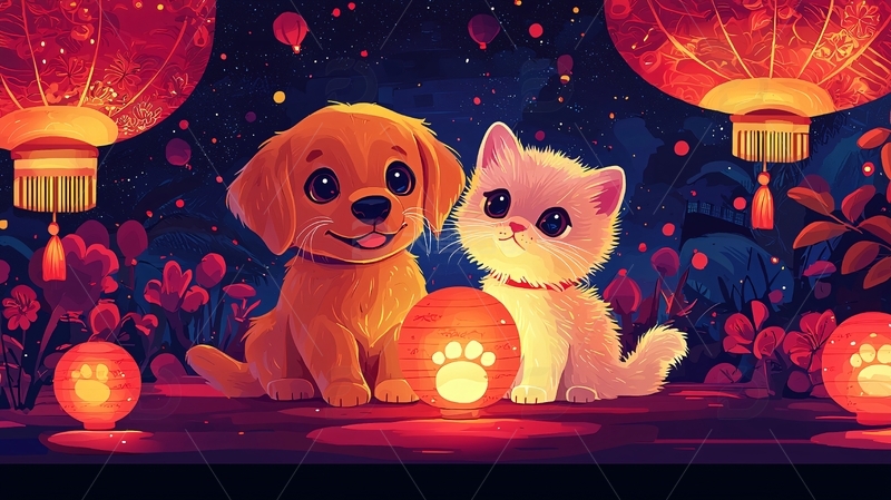 高清大图下载【趣麦麦图】小狗小猫红灯笼