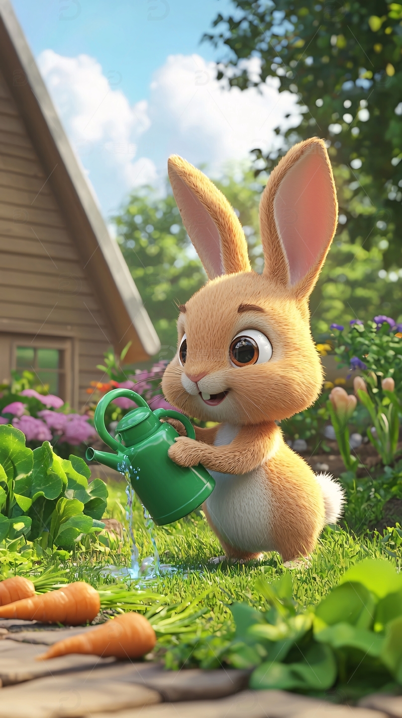 高清大图下载【趣麦麦图】卡通兔子浇花