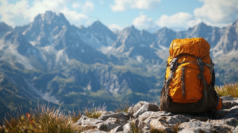 高清大图下载【趣麦麦图】橙色背包在山巅