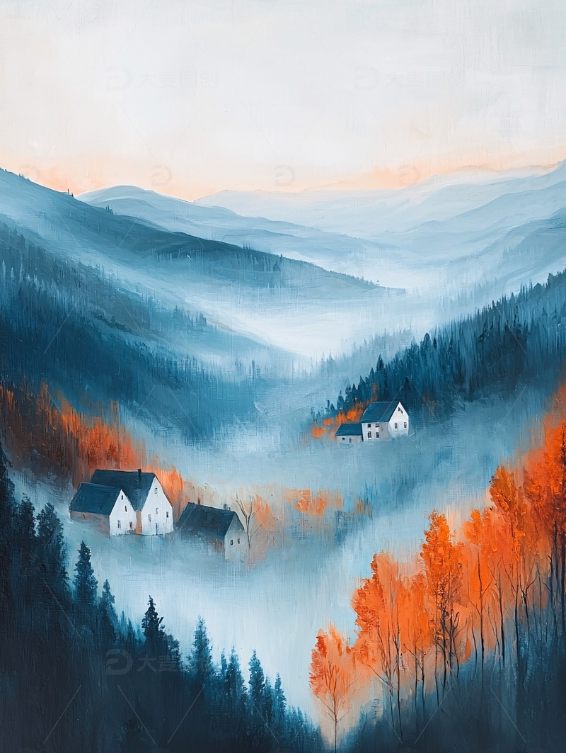 高清大图下载【趣麦麦图】山谷晨雾中的村庄