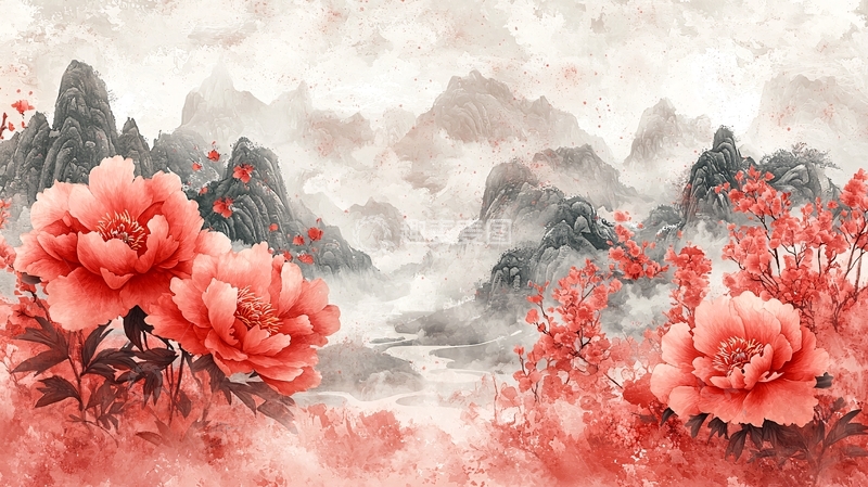 高清大图下载【趣麦麦图】水墨山水红色花卉意境