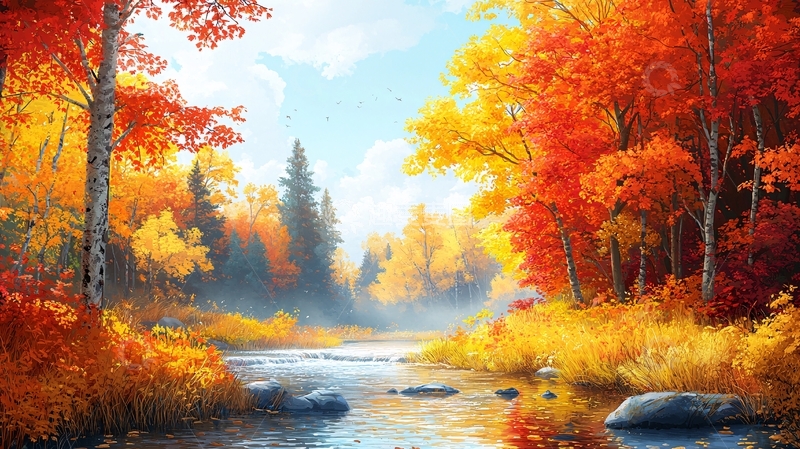 高清大图下载【趣麦麦图】秋日森林小溪美景