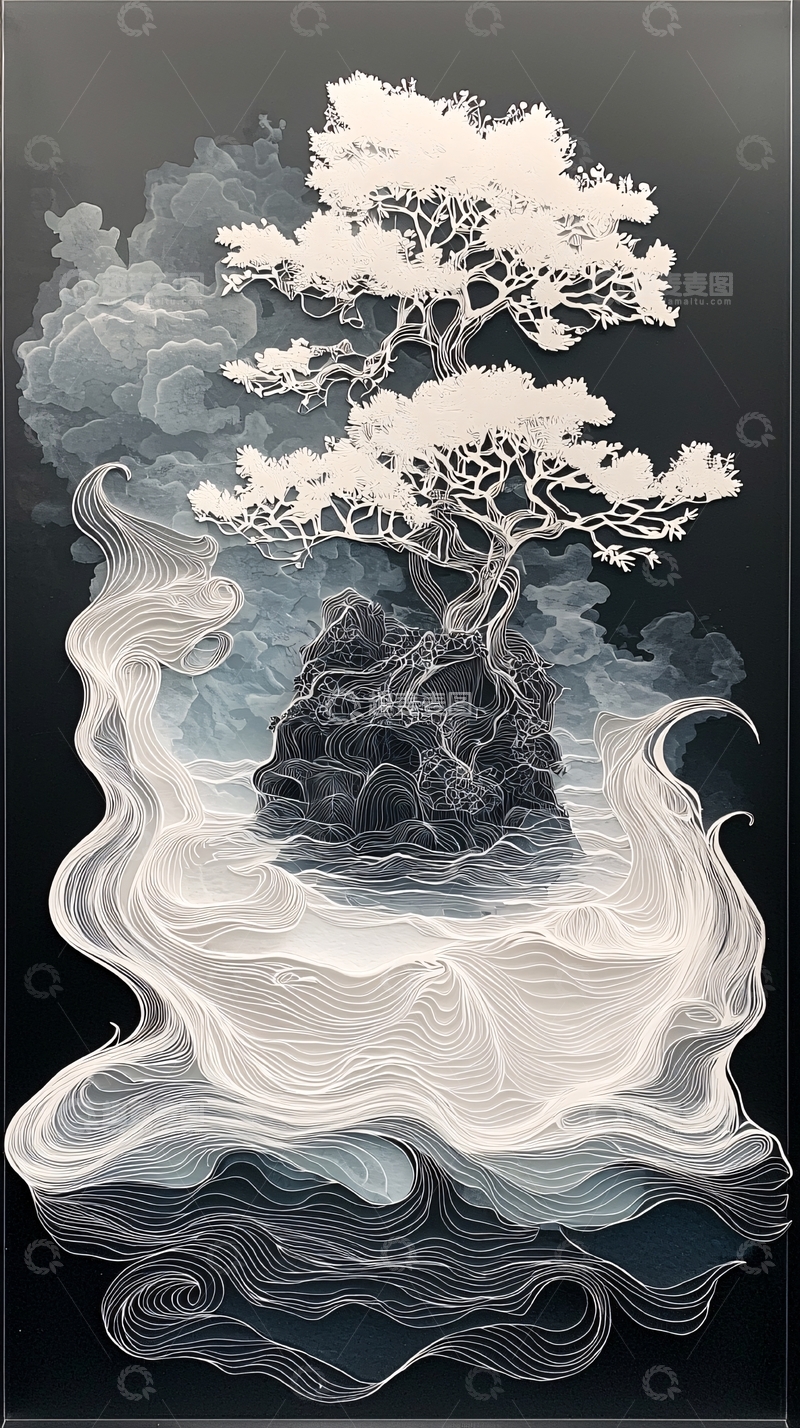 高清大图下载【趣麦麦图】水墨风格树木岩石云雾