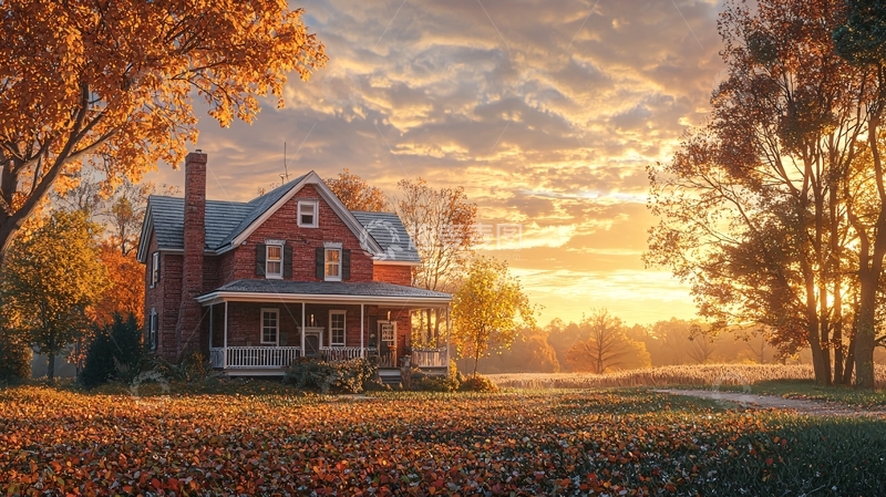 高清大图下载【趣麦麦图】秋日阳光下的乡村小屋