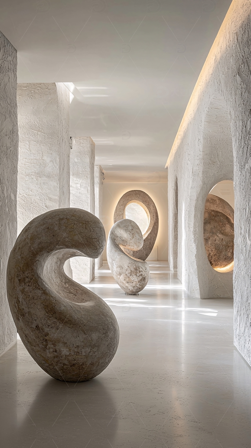 高清大图下载【趣麦麦图】抽象雕塑在白色走廊