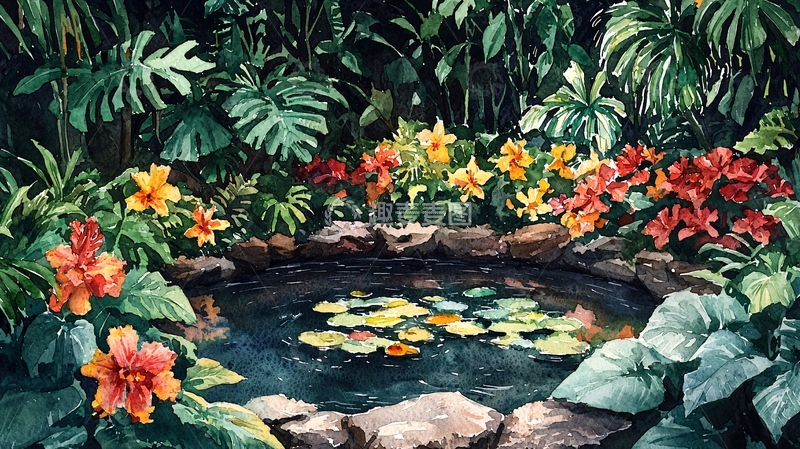 高清大图下载【趣麦麦图】小池塘边的热带花园