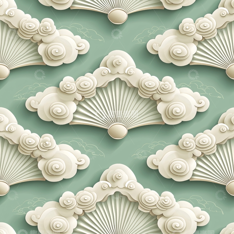 高清大图下载【趣麦麦图】祥云折扇图案
